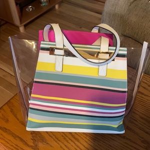 Vince Camuto Pink combo- multicolor stripes with clear sides Tote